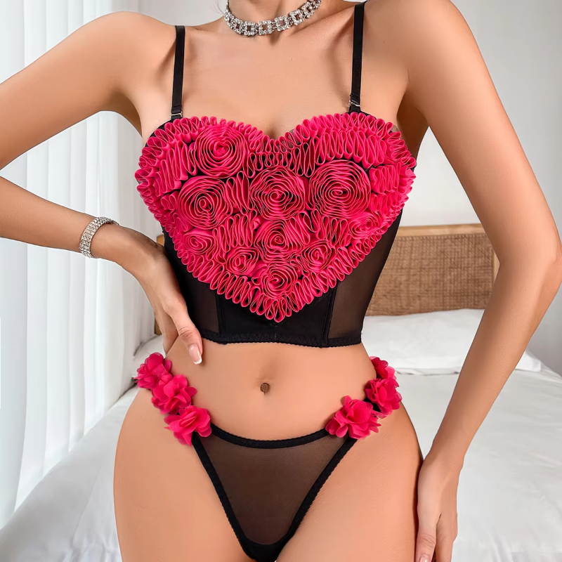 Comfortable Ultra-thin Heart Flowers Erotic  two-piece Set