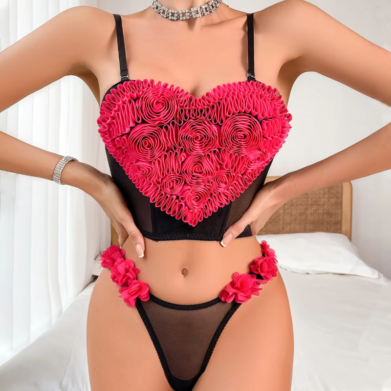 Comfortable Ultra-thin Heart Flowers Erotic  two-piece Set