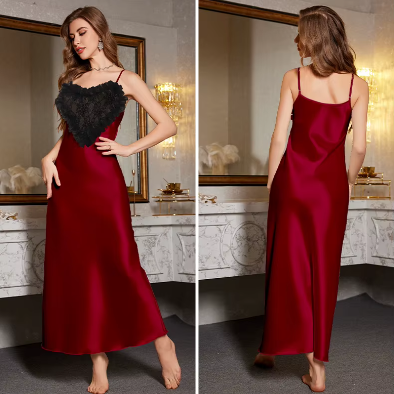 Ice Silk Lace Long Nightgown Suspender Sleepwear