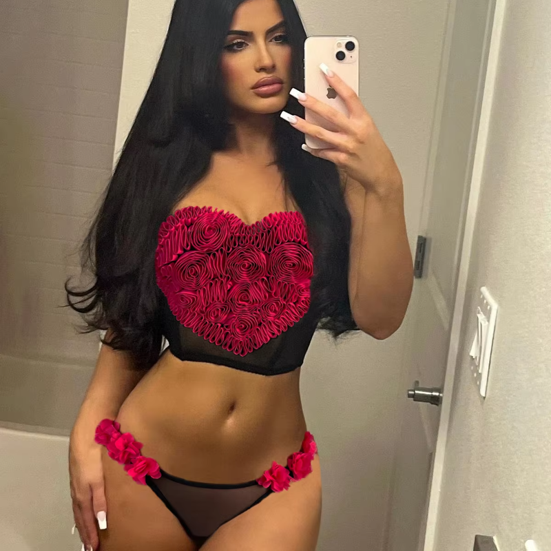 Comfortable Ultra-thin Heart Flowers Erotic  two-piece Set
