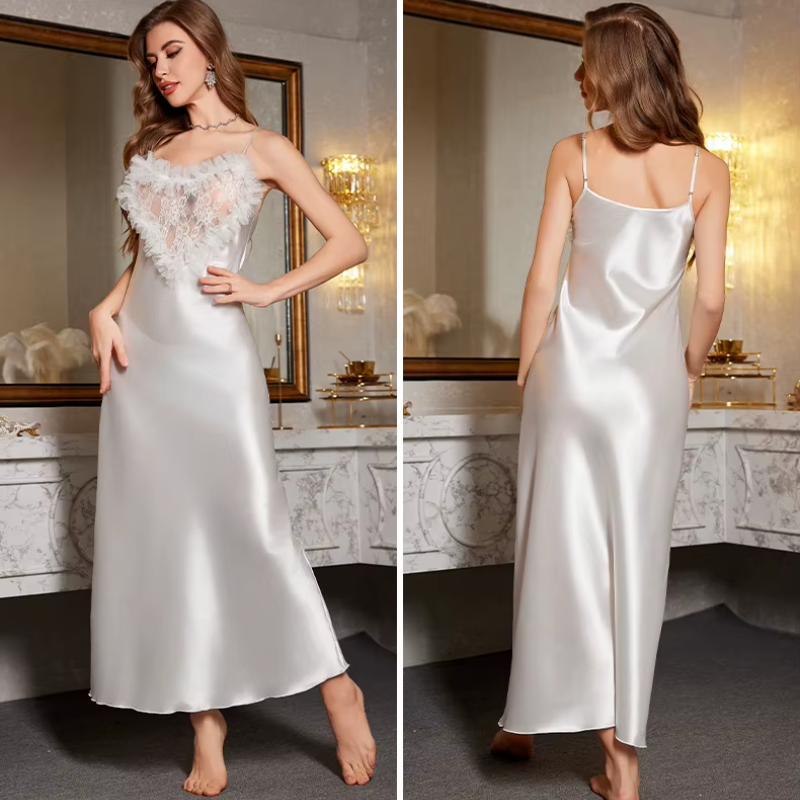 Ice Silk Lace Long Nightgown Suspender Sleepwear