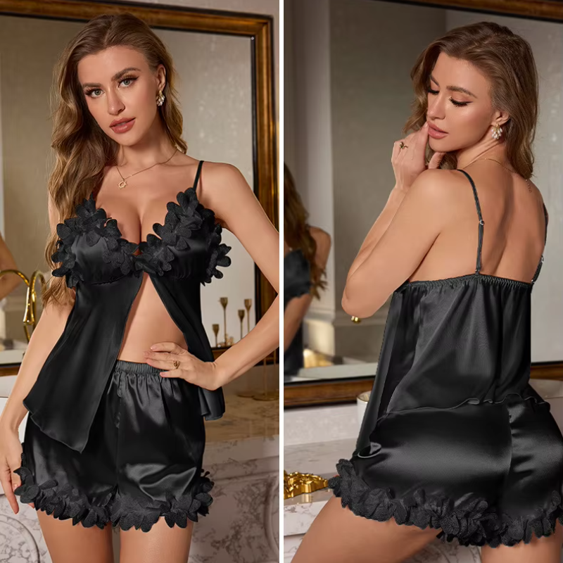 Patchwork Lace Strap Top Shorts Nightwear  Pajamas Suit