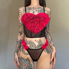 Comfortable Ultra-thin Heart Flowers Erotic  two-piece Set