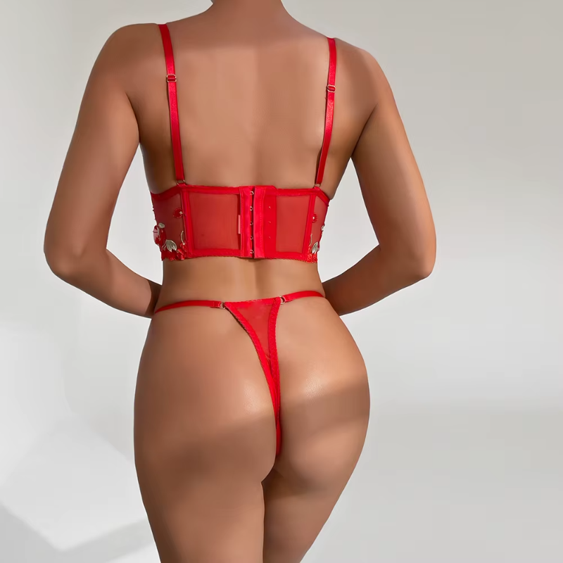 Embroidery Cherry Underwire Bra Two-piece Set