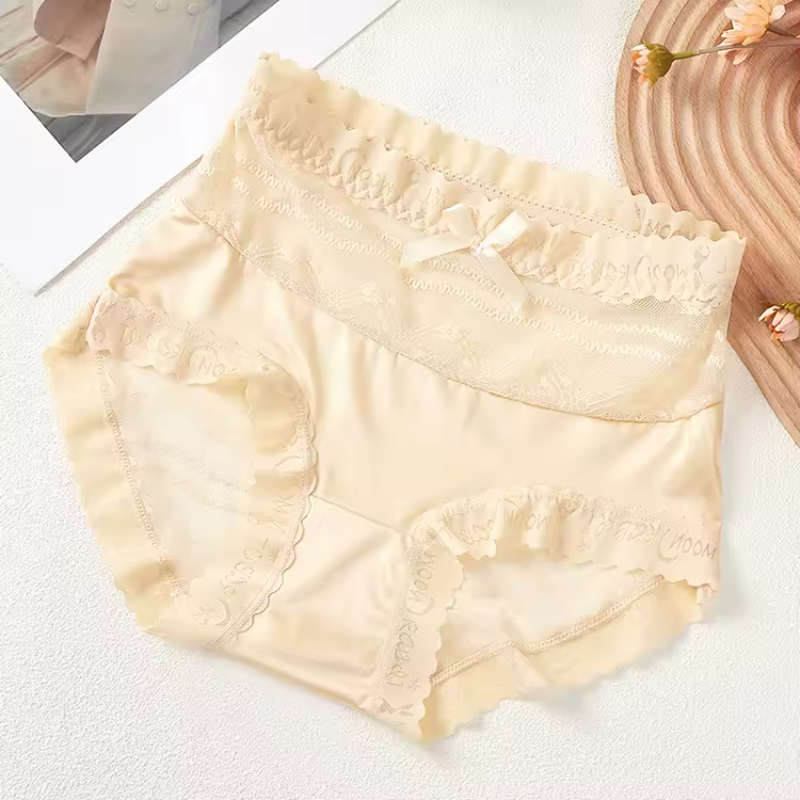 Bow Trim Lace High Waist Seamless Ice Silk Splice Breathable Underpants