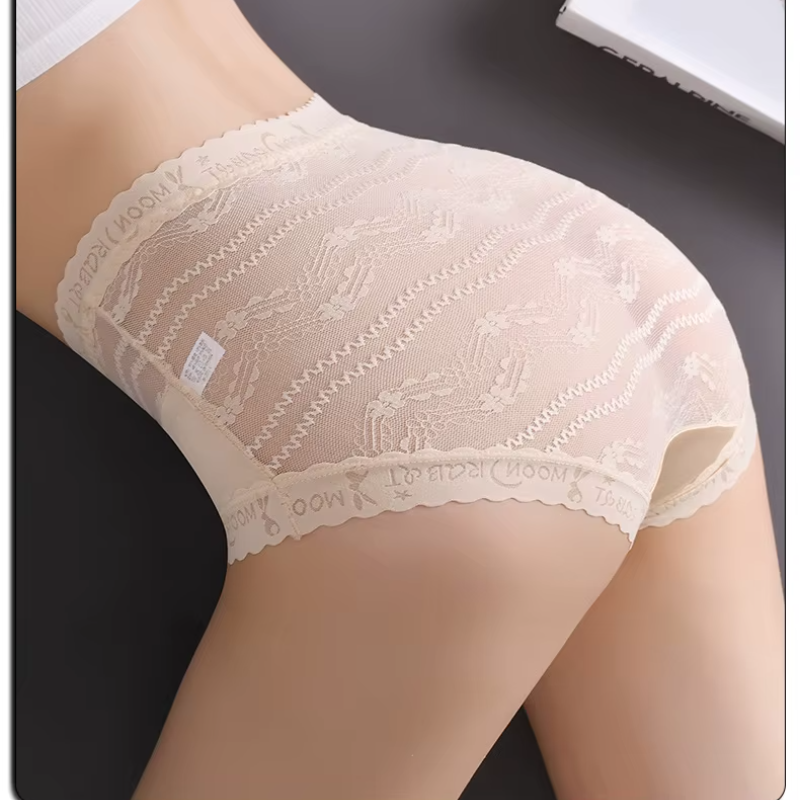 Bow Trim Lace High Waist Seamless Ice Silk Splice Breathable Underpants