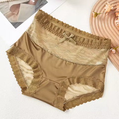 Bow Trim Lace High Waist Seamless Ice Silk Splice Breathable Underpants
