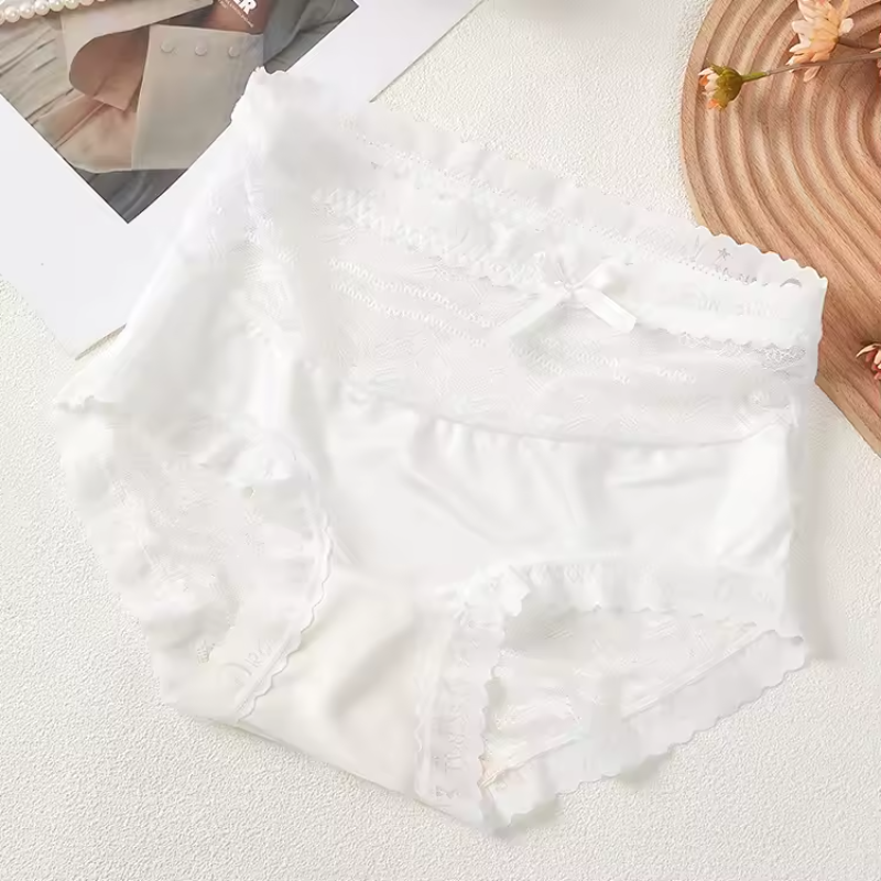 Bow Trim Lace High Waist Seamless Ice Silk Splice Breathable Underpants