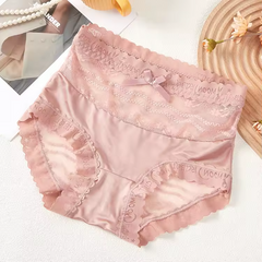 Bow Trim Lace High Waist Seamless Ice Silk Splice Breathable Underpants