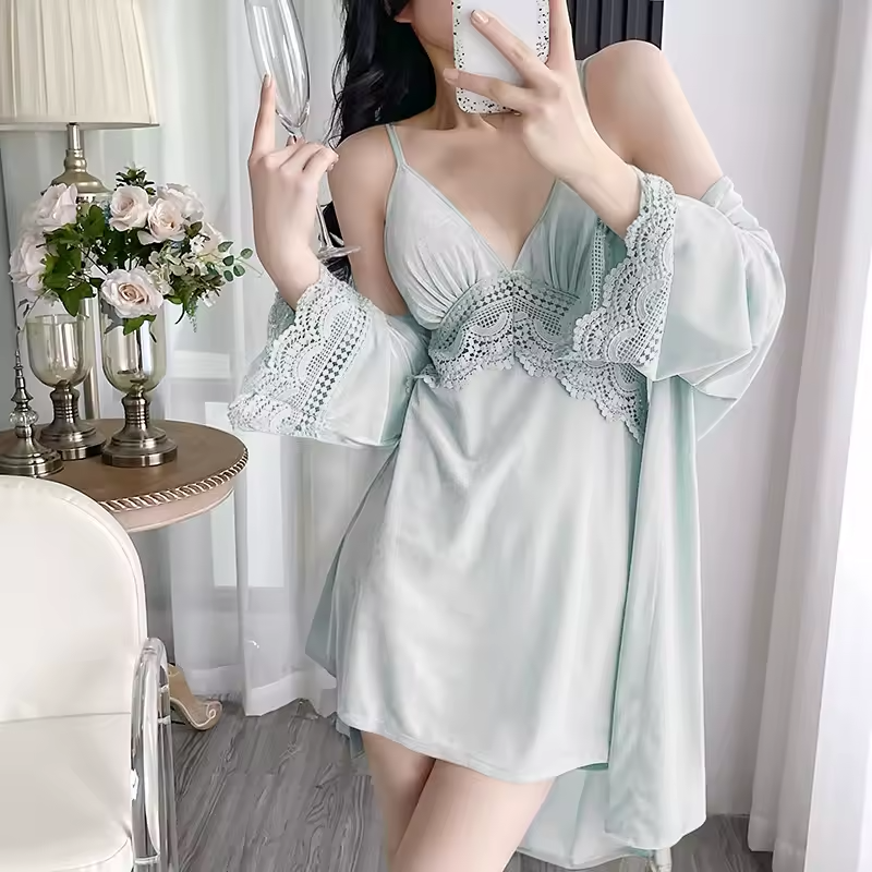 Homeware Lace Sling Long-Sleeved Robe Pajamas Set Nightgowns