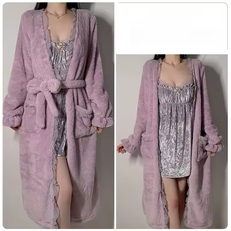 Luxury Velvet Pajamas Slimming Suspender Rob Nightgown Suit