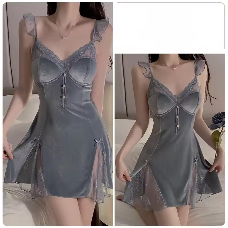 Velvet Lace Splicing Pajamas Night Suit Straps Nightgown