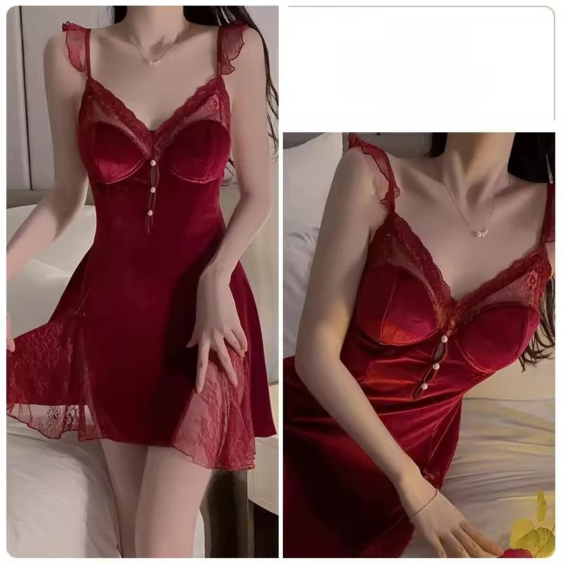 Velvet Lace Splicing Pajamas Night Suit Straps Nightgown