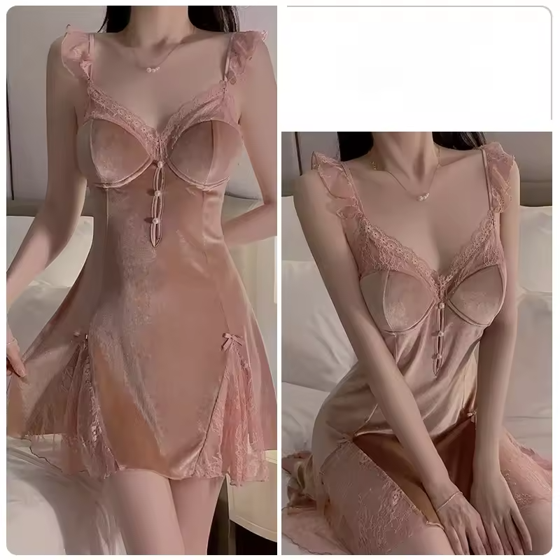 Velvet Lace Splicing Pajamas Night Suit Straps Nightgown