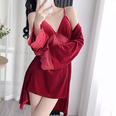 Homeware Lace Sling Long-Sleeved Robe Pajamas Set Nightgowns