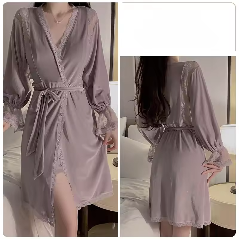 Velvet Lace Splicing Pajamas Night Suit Robe Nightgown