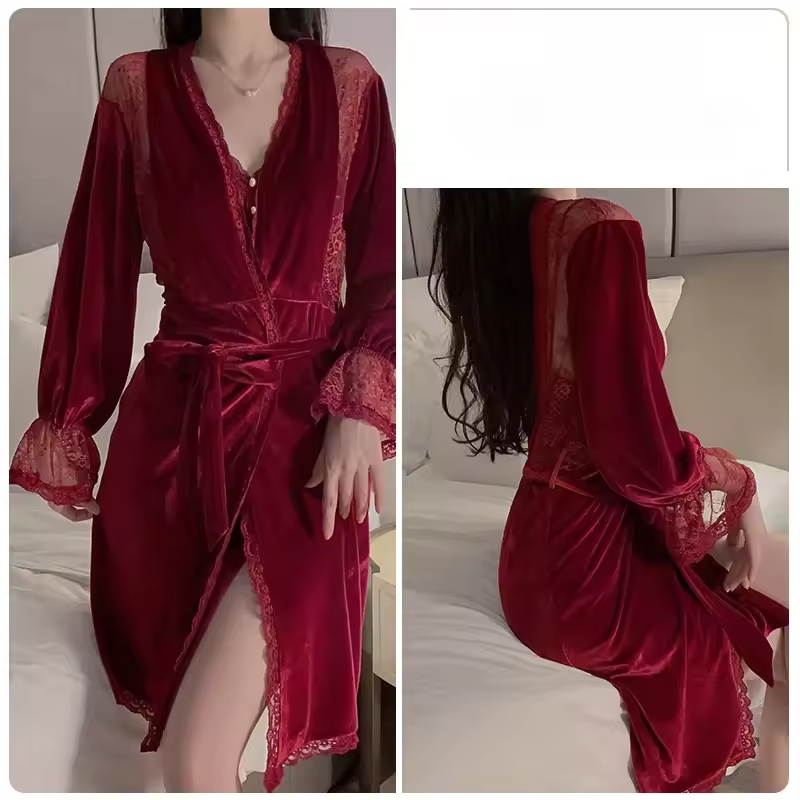 Velvet Lace Splicing Pajamas Night Suit Robe Nightgown