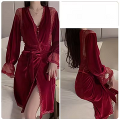 Velvet Lace Splicing Pajamas Night Suit Robe Nightgown