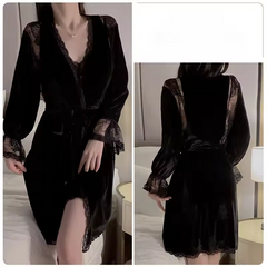 Velvet Lace Splicing Pajamas Night Suit Robe Nightgown