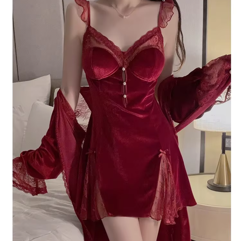Velvet Lace Splicing Pajamas Night Suit Robe Nightgown