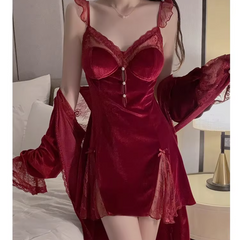 Velvet Lace Splicing Pajamas Night Suit Robe Nightgown