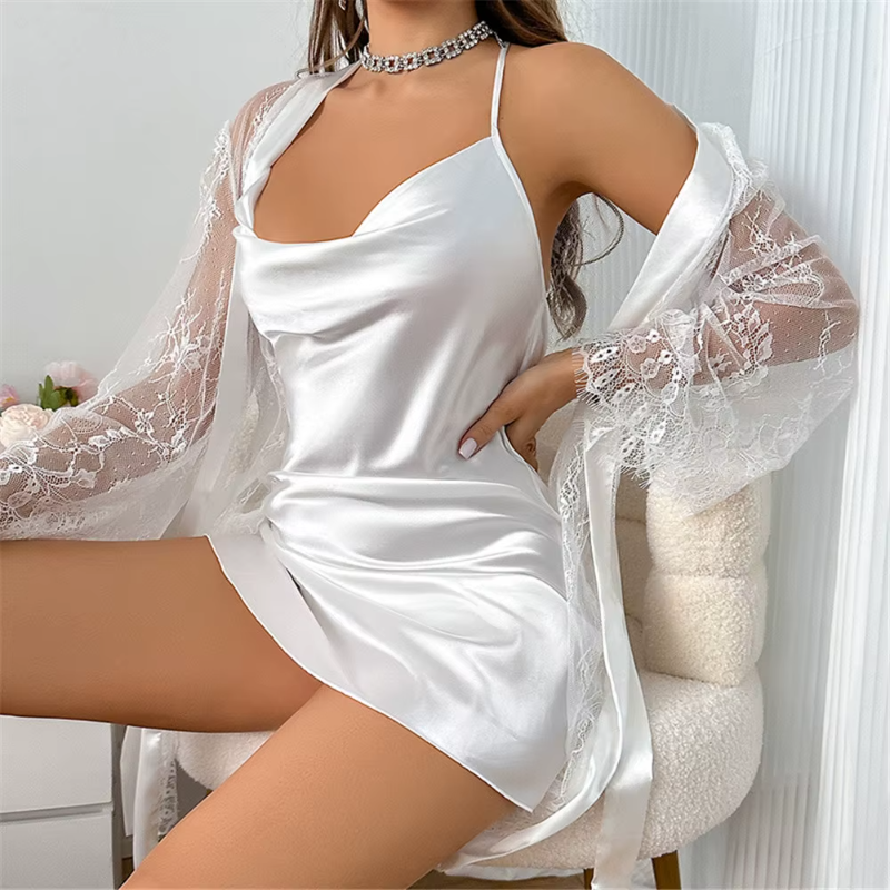 Lace Bathrobe Satin Twinset Sleepwear Robe Set Nightgown