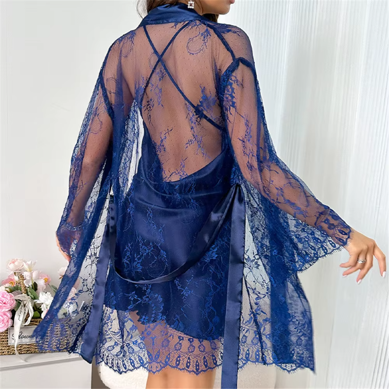 Lace Bathrobe Satin Twinset Sleepwear Robe Set Nightgown