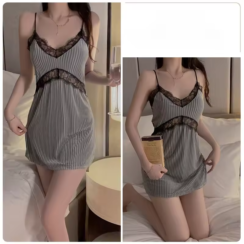 Suspender Simple Lace-up Nightgown Underwear Pajamas Set