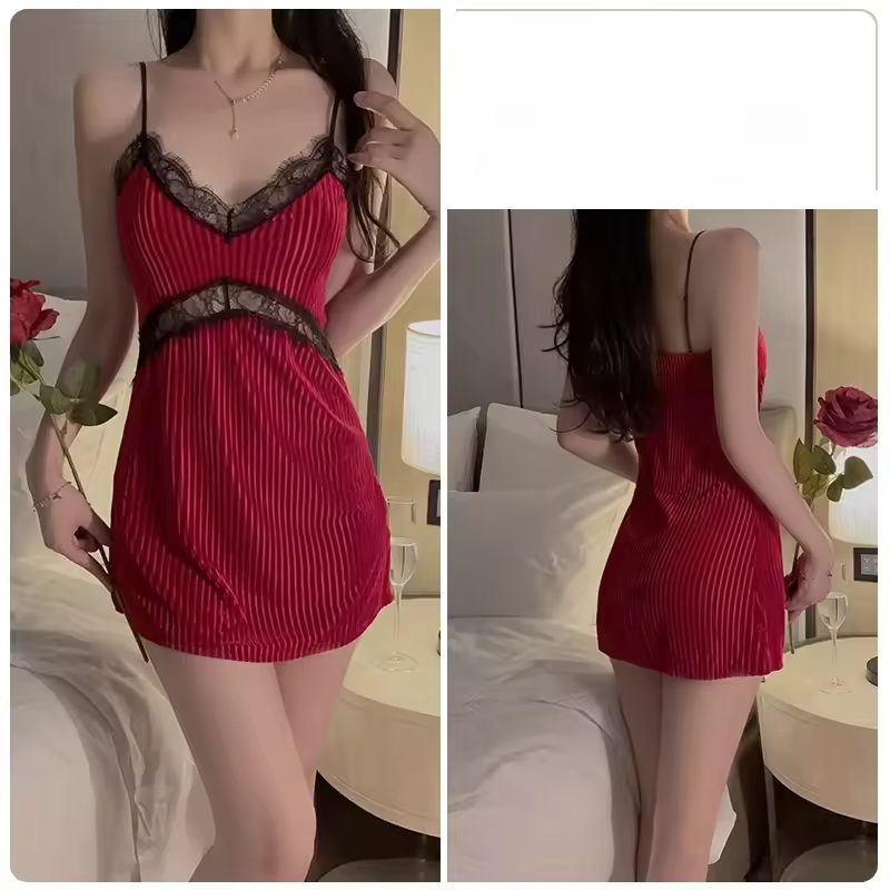 Suspender Simple Lace-up Nightgown Underwear Pajamas Set