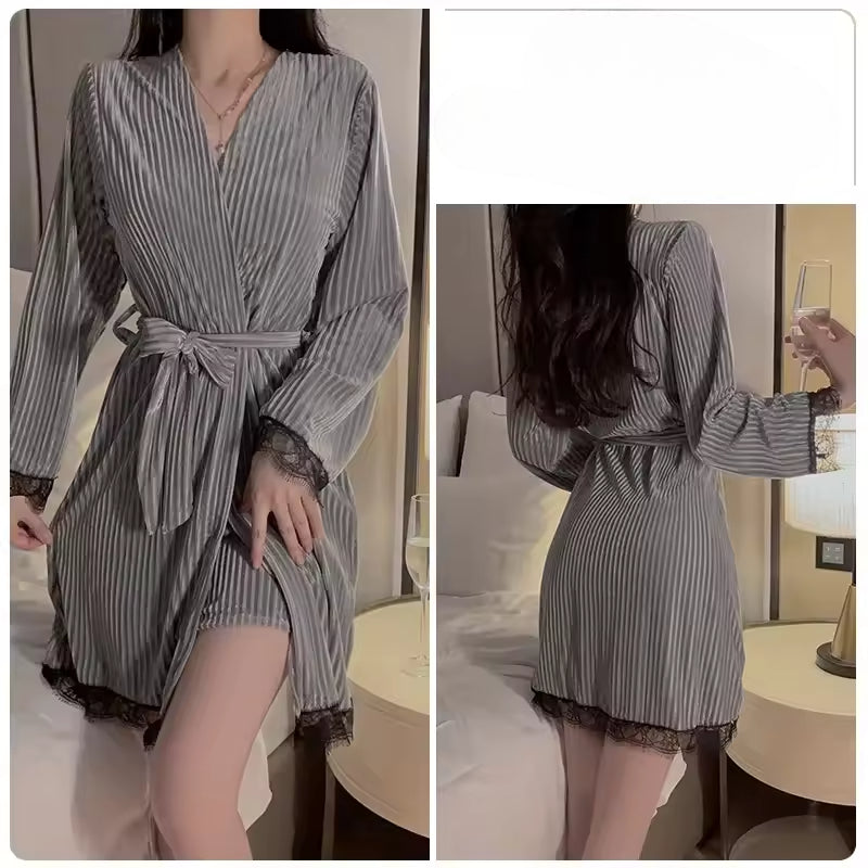 Suspender Simple Lace-up Robe Nightgown Underwear Pajamas Set