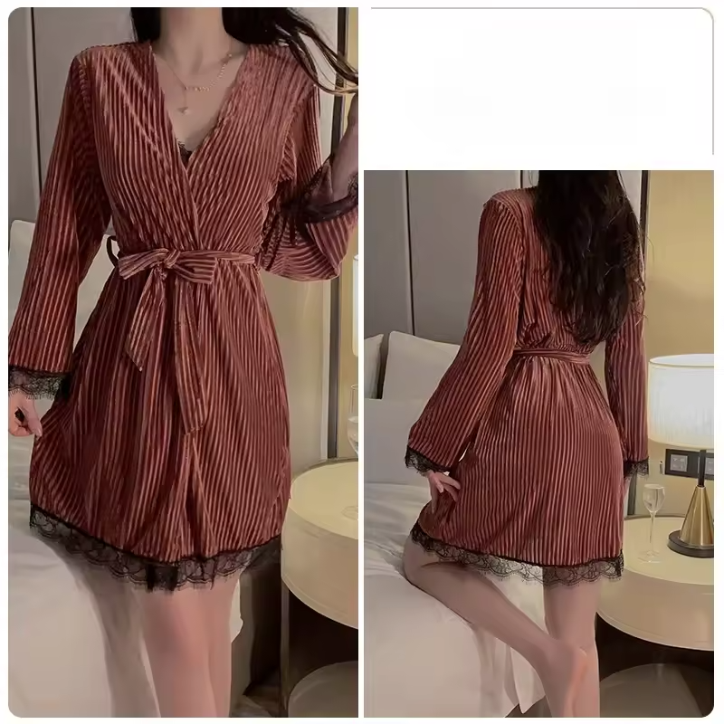 Suspender Simple Lace-up Robe Nightgown Underwear Pajamas Set