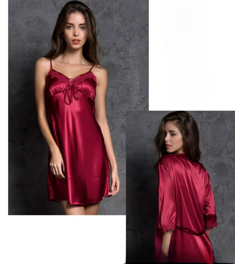 High Quality Three Quarter Sleeve V-neck Two Pieces Silk Robes Set