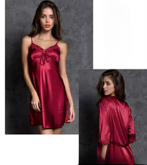 High Quality Three Quarter Sleeve V-neck Two Pieces Silk Robes Set