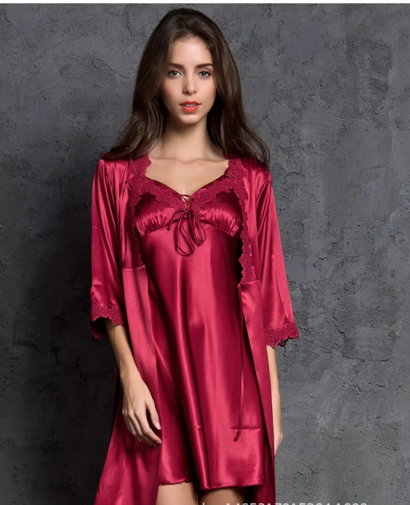 High Quality Three Quarter Sleeve V-neck Two Pieces Silk Robes Set