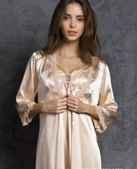 High Quality Three Quarter Sleeve V-neck Two Pieces Silk Robes Set