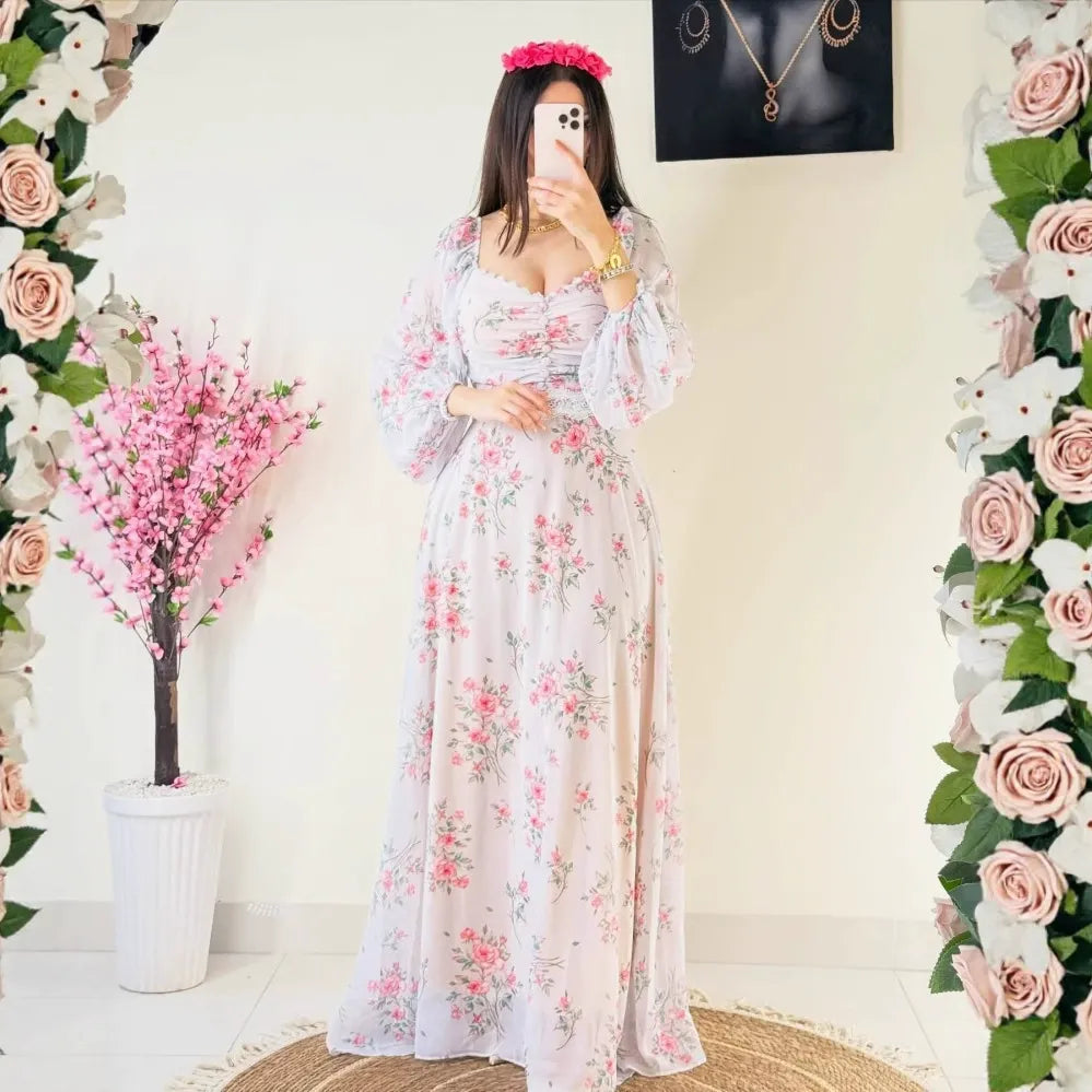 Gorgeous Chiffon Printed Long Sleeves Maxi Dress
