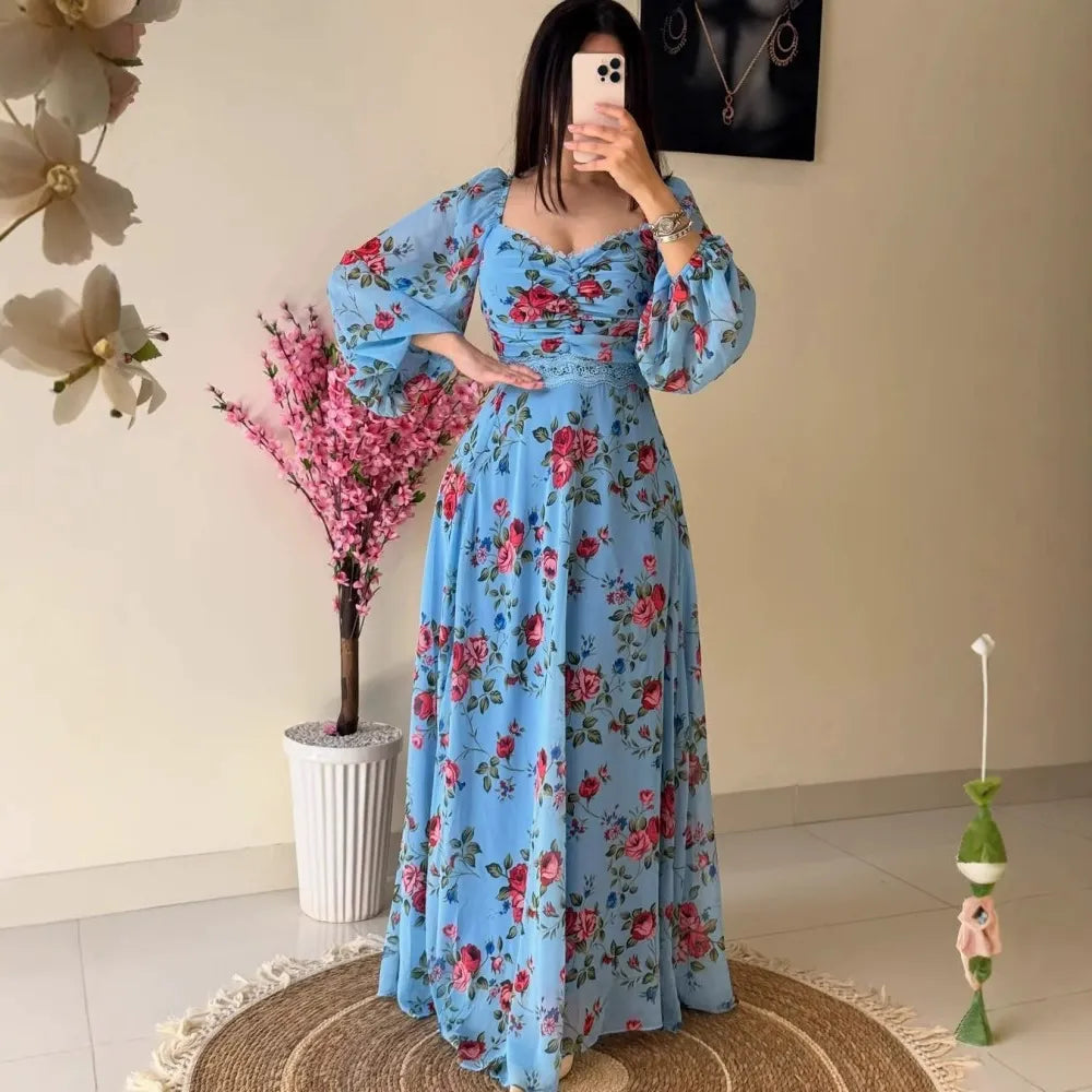 Gorgeous Chiffon Printed Long Sleeves Maxi Dress