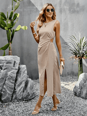 Lunch Date Sleeveless Slit Midi Dress - Khaki