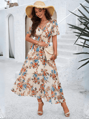 Garden Party Short Sleeve Chiffon Midi Dress - Khaki