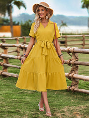 Celie Poplin Collared Tie Waist Midi Dress - Mustard