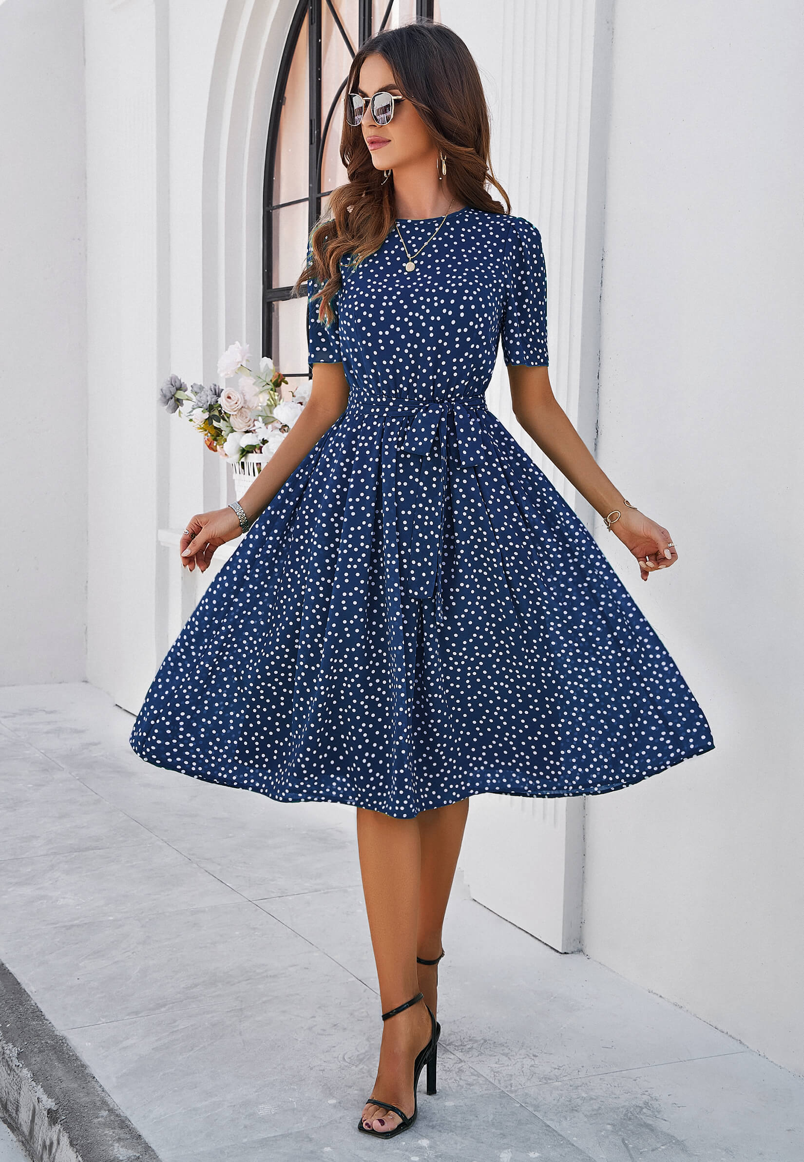 Margaret Polka Dot Midi Dress - Navy