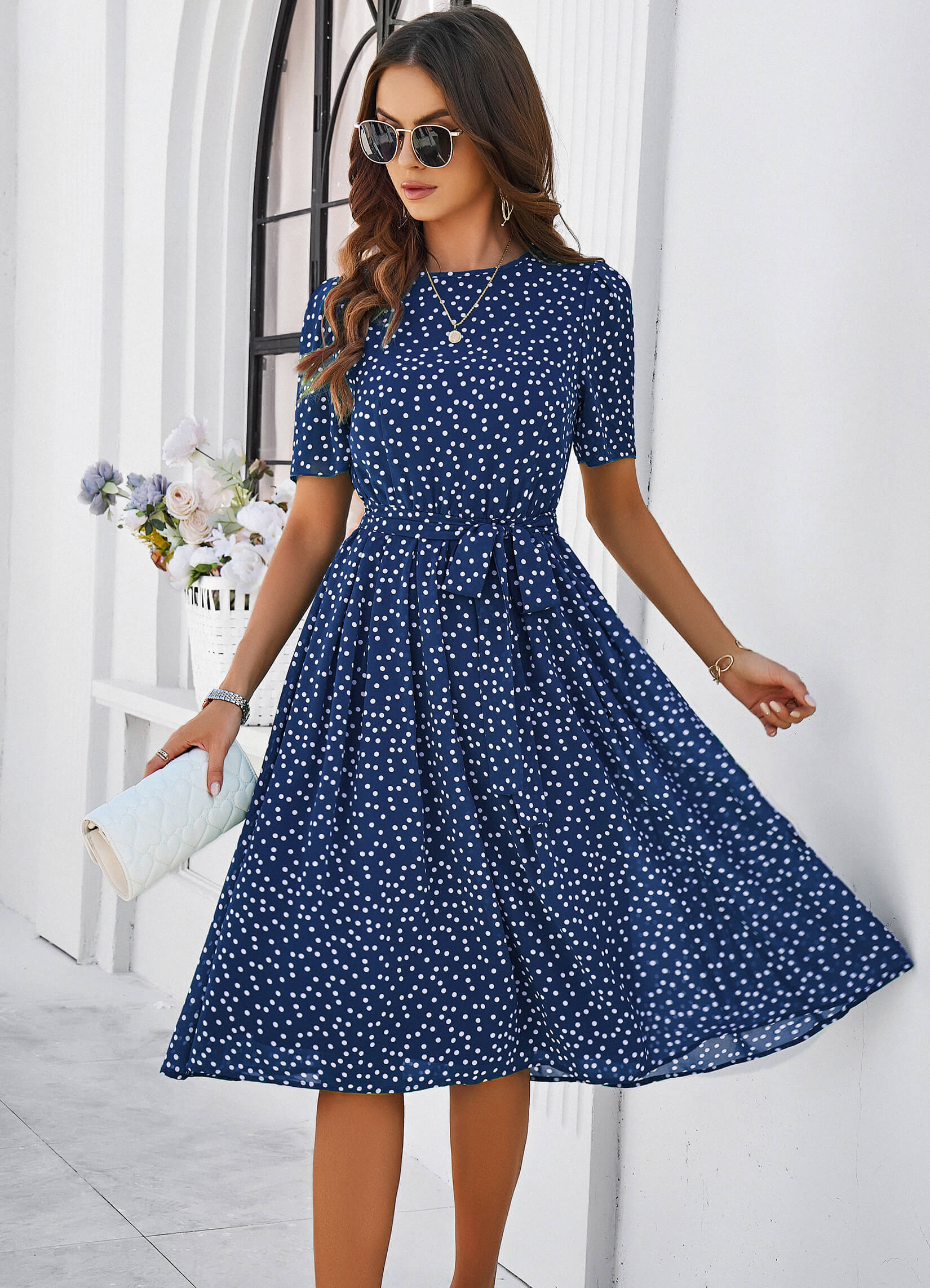 Margaret Polka Dot Midi Dress - Navy
