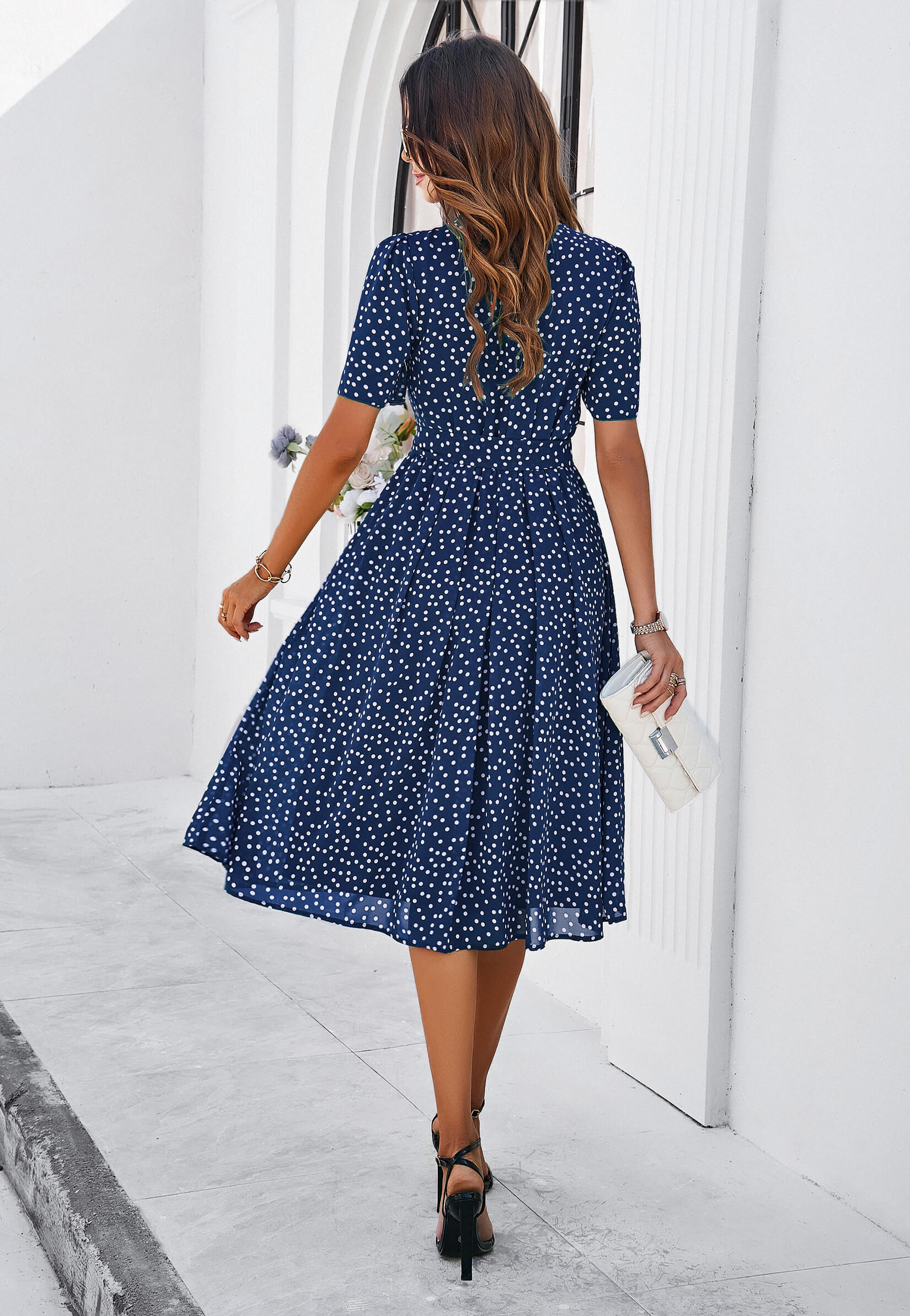 Margaret Polka Dot Midi Dress - Navy