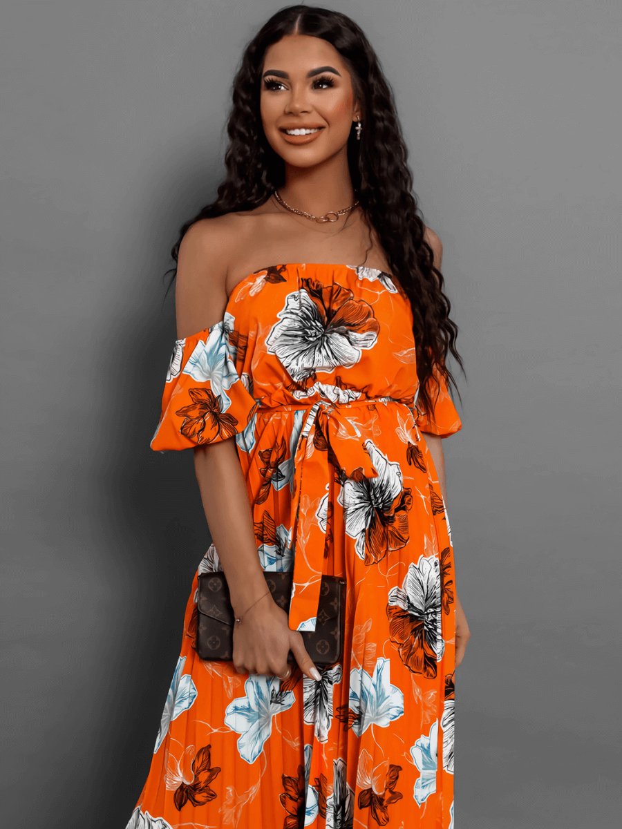 Rosalie Off The Shoulder Plisse Maxi Dress - Orange