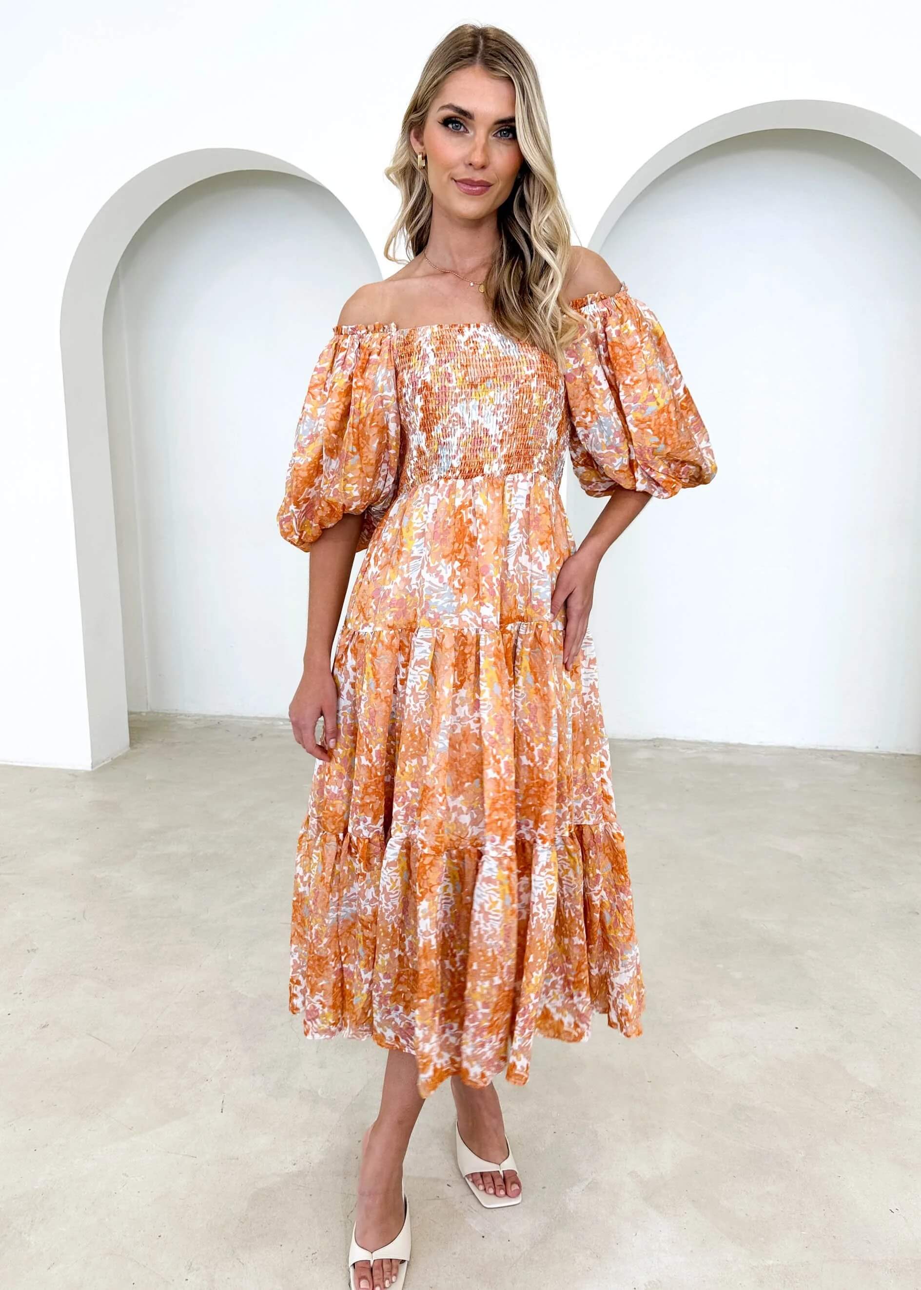 Chiara Floral Off The Shoulder Maxi Dress - Orange