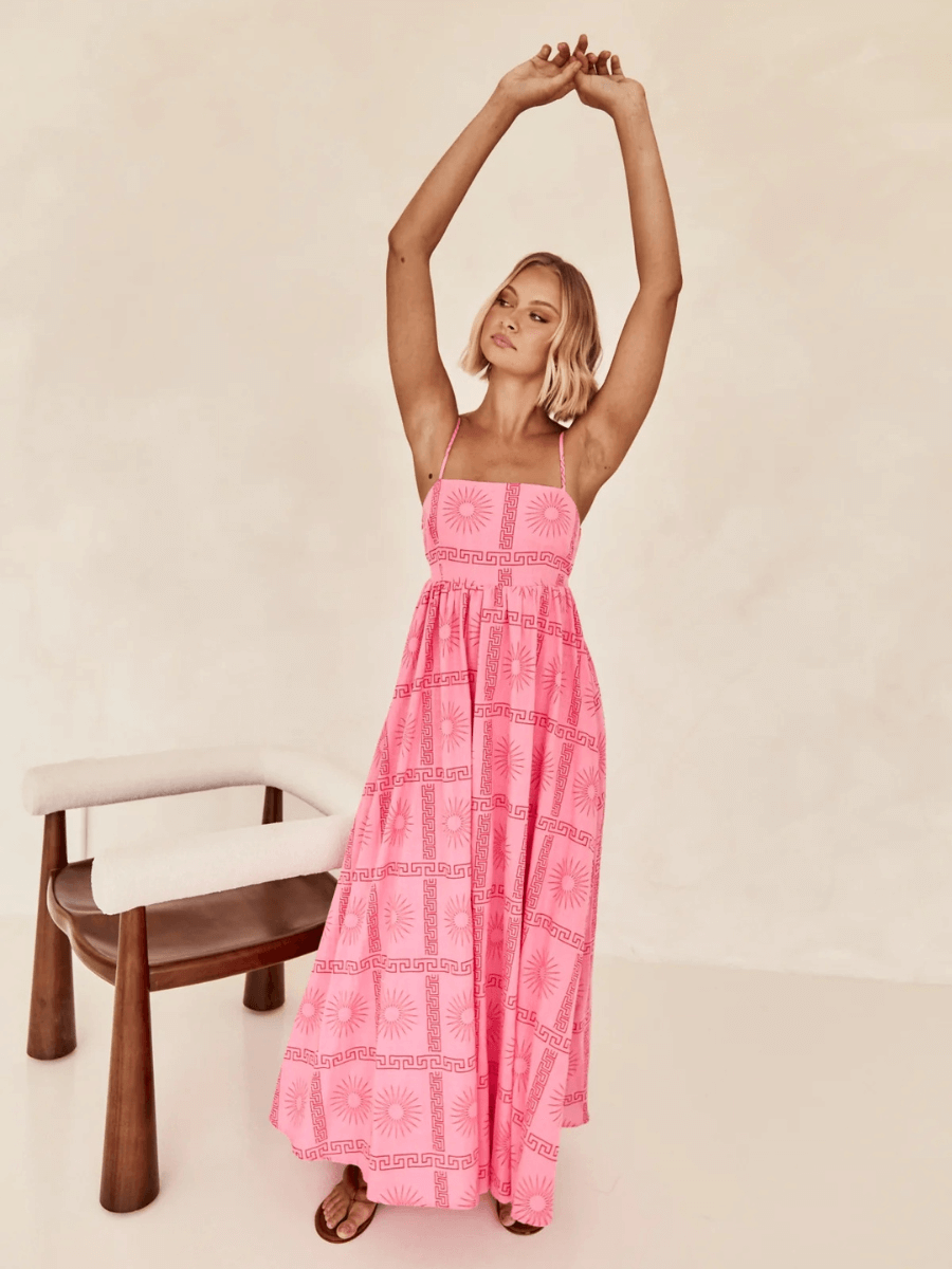 Emilie Border Print Maxi Dress - Pink