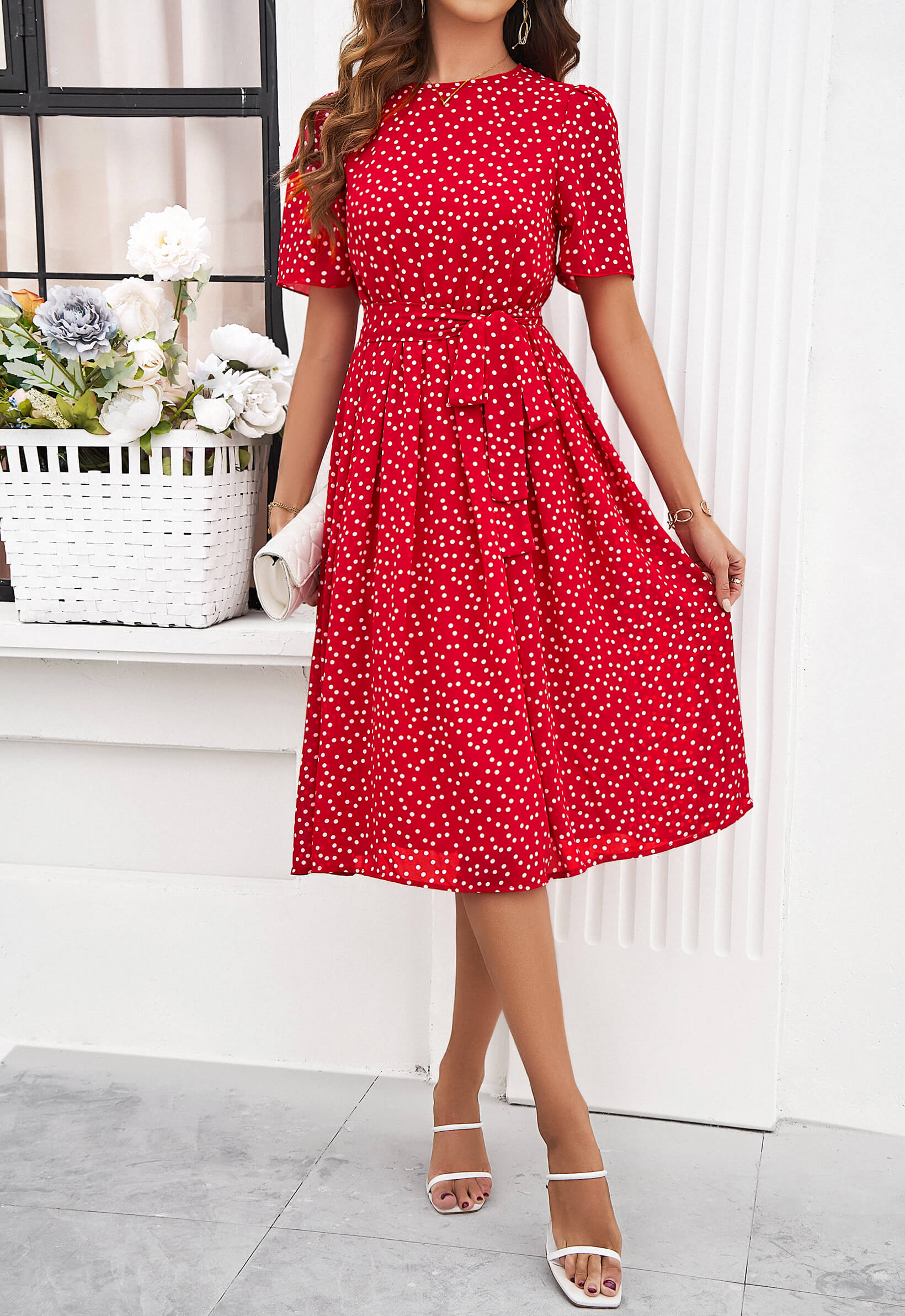 Margaret Polka Dot Midi Dress - Red