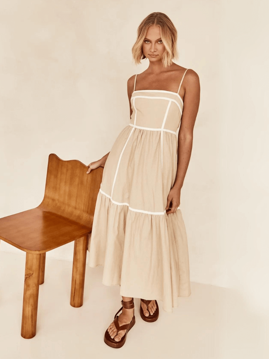 Nevissa Contrast Trim Babydoll Dress - Taupe