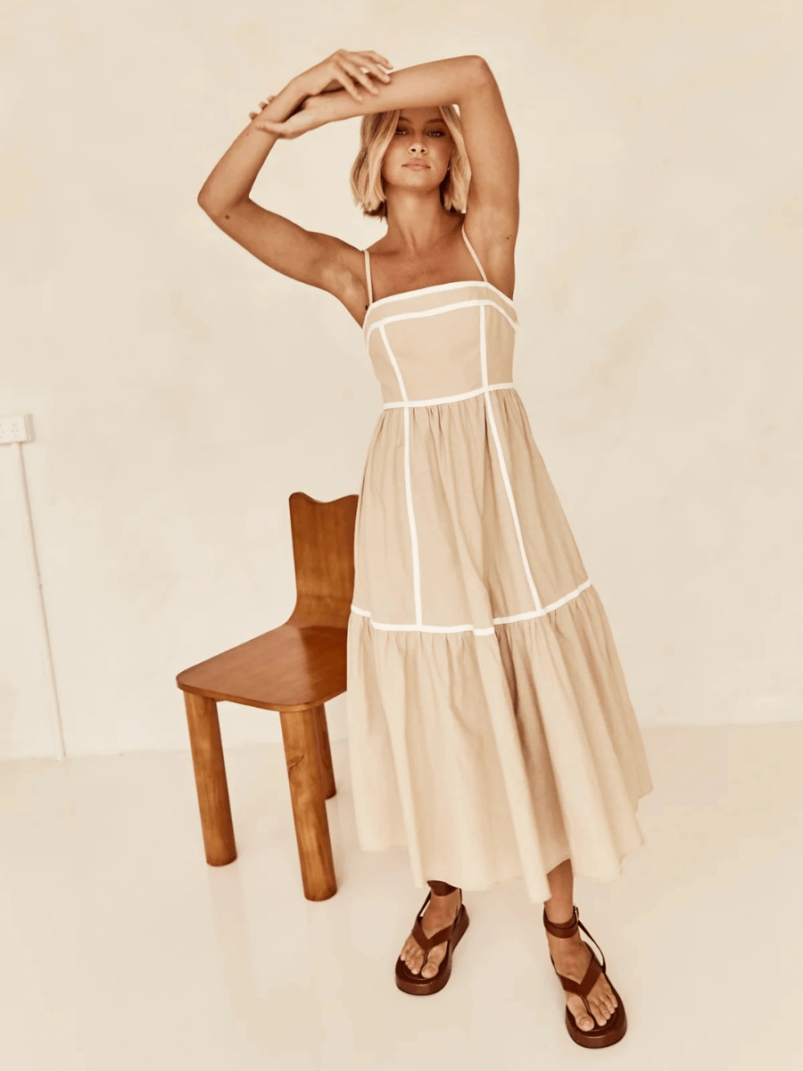 Nevissa Contrast Trim Babydoll Dress - Taupe