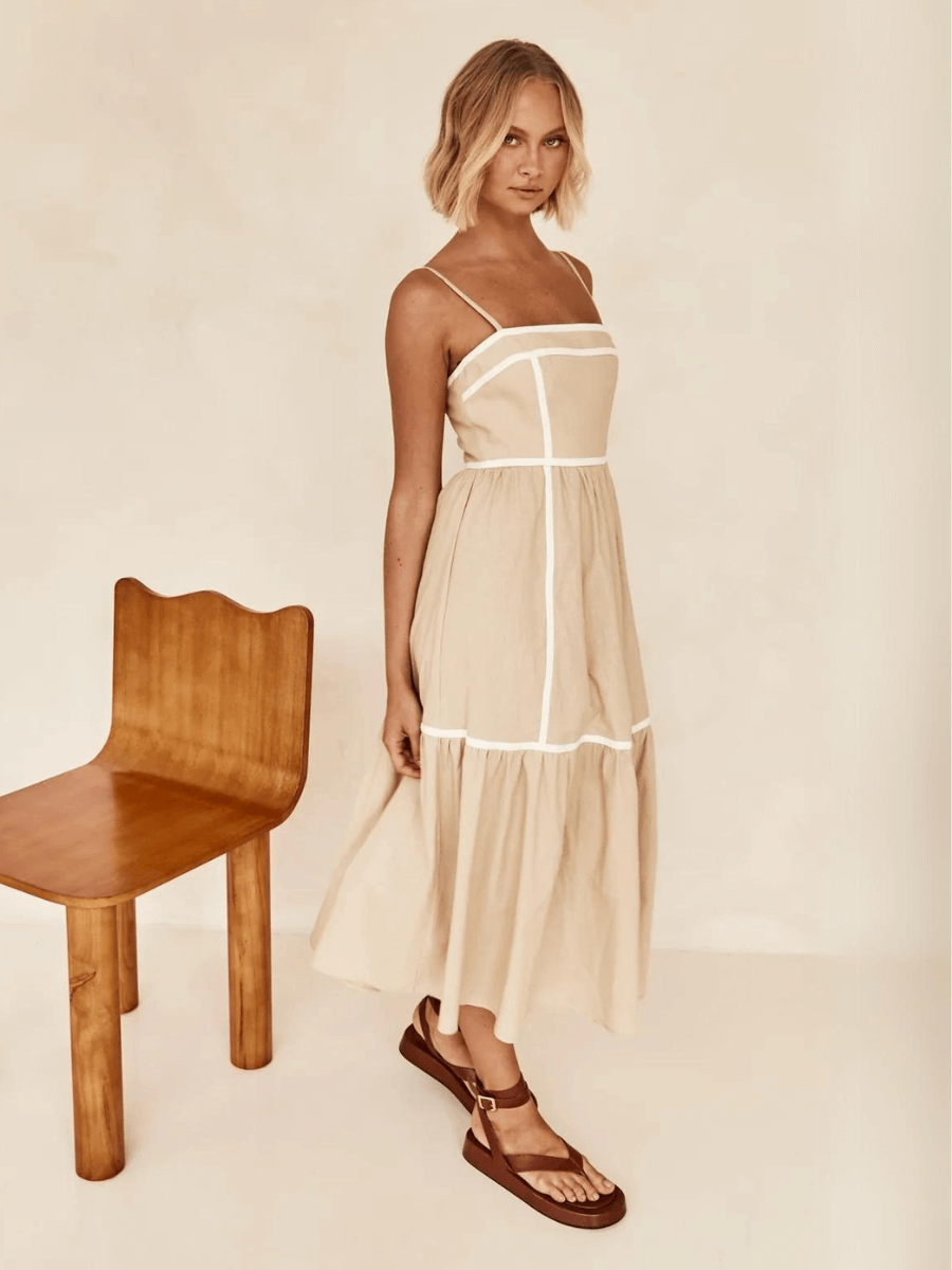 Nevissa Contrast Trim Babydoll Dress - Taupe